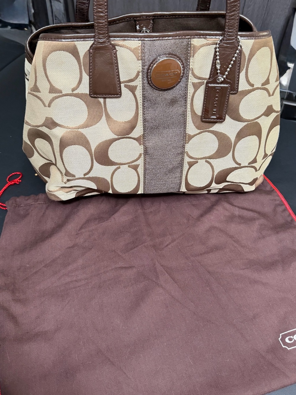 Coach Signature C Brown Tan Kisslock Large Tote Shoulder Bag F13533